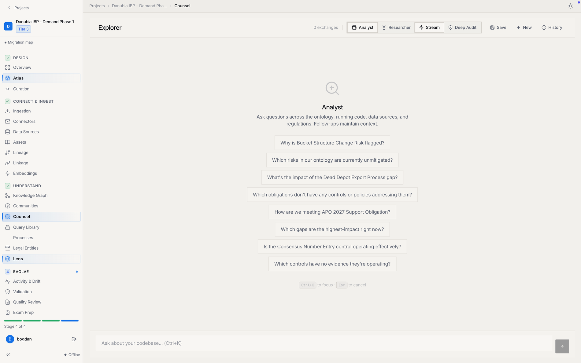 The Explorer answering: a question box with suggested questions across the model, code, data sources and regulations